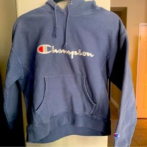 Champion blue-gray reverse-weave hoodie. Size Medium